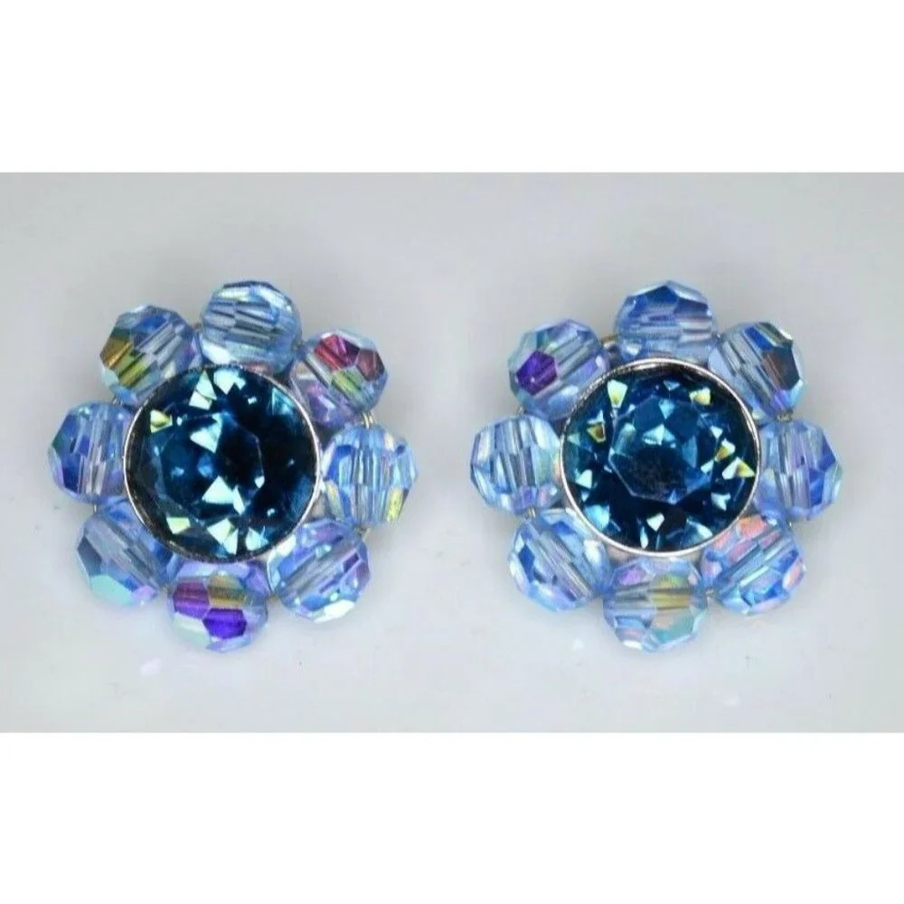 VTG CROWN TRIFARI Silver Tone Blue AB Crystal Rhinestone Clip Earrings